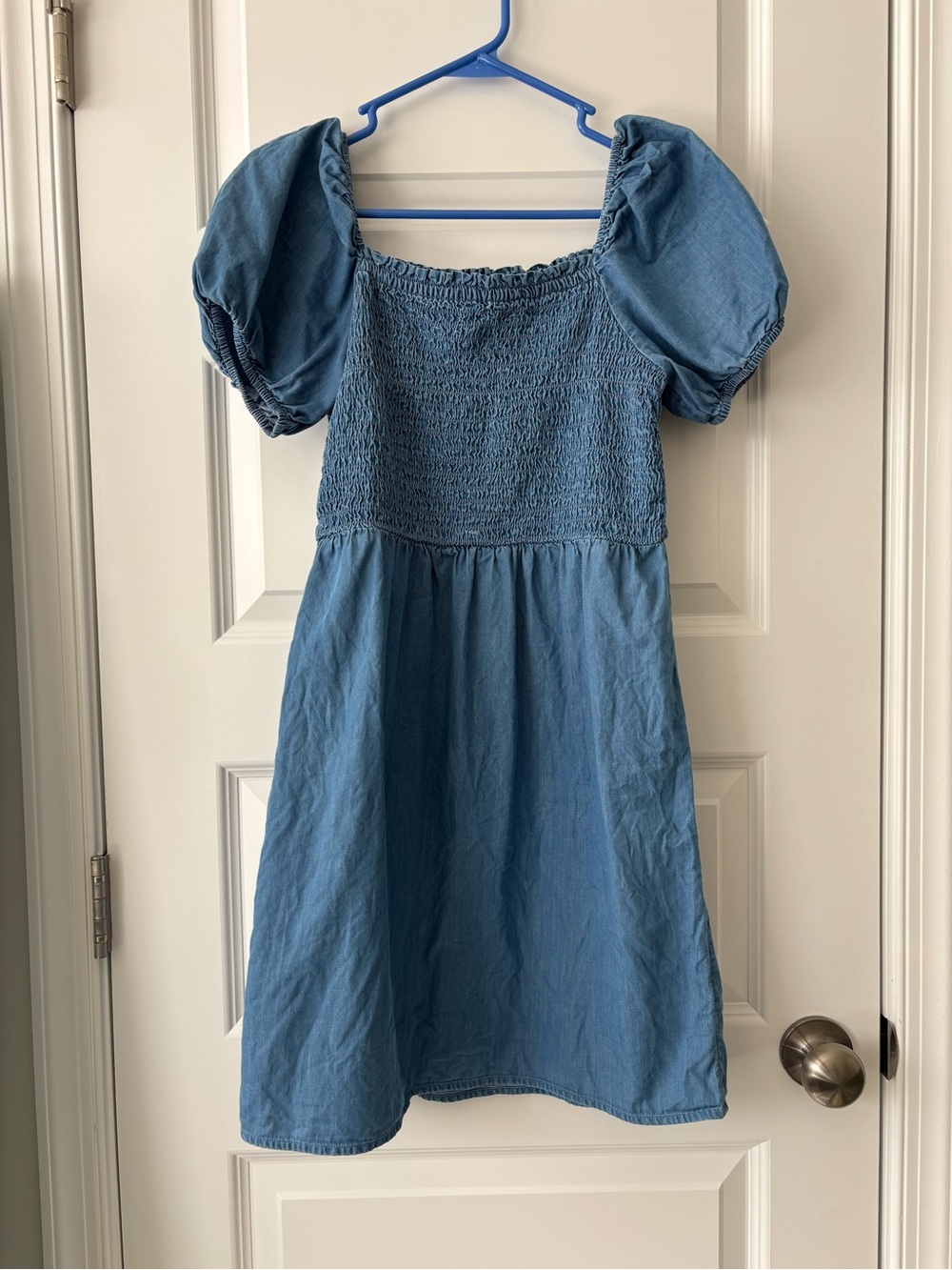 LOFT Outlet Blue Denim Smocked Puff Sleeve Babydoll Mini Dress Petite Small